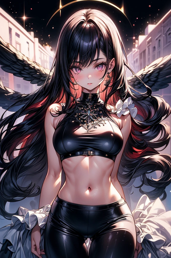 ((highest quality)),(ultra high resolution),(Super detailed),(detailed description),((best CG)),(best work of art),super precision art, great drawing art,(Art with precise details:1.5), (1 young girl:1.5), beautiful and well-shaped face:1.5,(Beautiful skin with precise and detailed depiction:1.6),(sleeveless halter neck crop top, knee length gym shorts ),gorgeous, masterpiece, best quality, high-resolution, finely detailed, extremely detailed and beautiful, distinct-image, 1 girl, 16 year old teenager, solo, sharp facial features, oval shaped face. cherry pink lips, lightly tanned white skin. velvet-colored eyes, C-cup breasts, tall height(175cm), slim yet chiseled body type, short shoulder length dark violet-black hair, small narrow waist, long and slender legs, curvy wide hips, elegant gothic courtyard setting