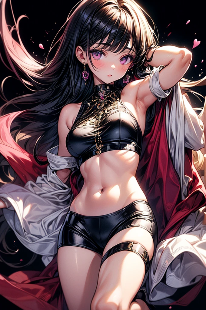 ((highest quality)),(ultra high resolution),(Super detailed),(detailed description),((best CG)),(best work of art),super precision art, great drawing art,(Art with precise details:1.5), (1 young girl:1.5), beautiful and well-shaped face:1.5,(Beautiful skin with precise and detailed depiction:1.6),(sleeveless halter neck crop top, knee length gym shorts ),gorgeous, masterpiece, best quality, high-resolution, finely detailed, extremely detailed and beautiful, distinct-image, 1 girl, 16 year old teenager, solo, sharp facial features, oval shaped face. cherry pink lips, lightly tanned white skin. velvet-colored eyes, C-cup breasts, tall height(175cm), slim yet chiseled body type, short shoulder length dark violet-black hair, small narrow waist, long and slender legs, curvy wide hips, elegant gothic courtyard setting