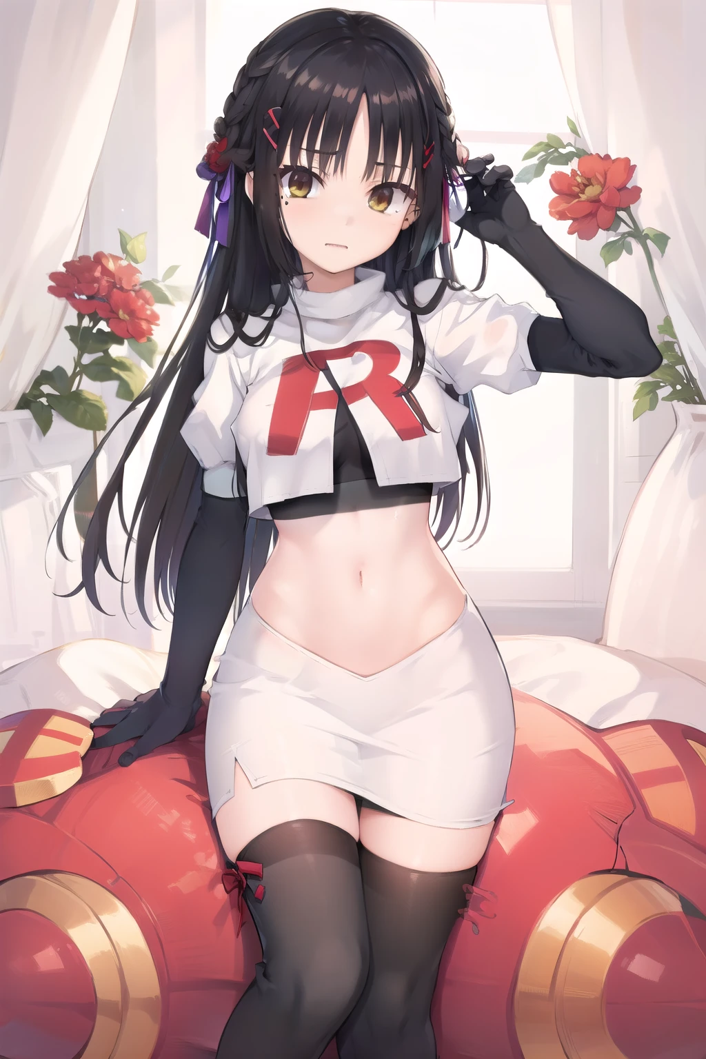 solo, Natsume, black hair, yellow eyes, long hair, hairclip, hair ribbon, mole under eye, hair flower, red flower, team rocket,team rocket uniform,white skirt,red letter R,crop top,black thigh-highs,black elbow gloves