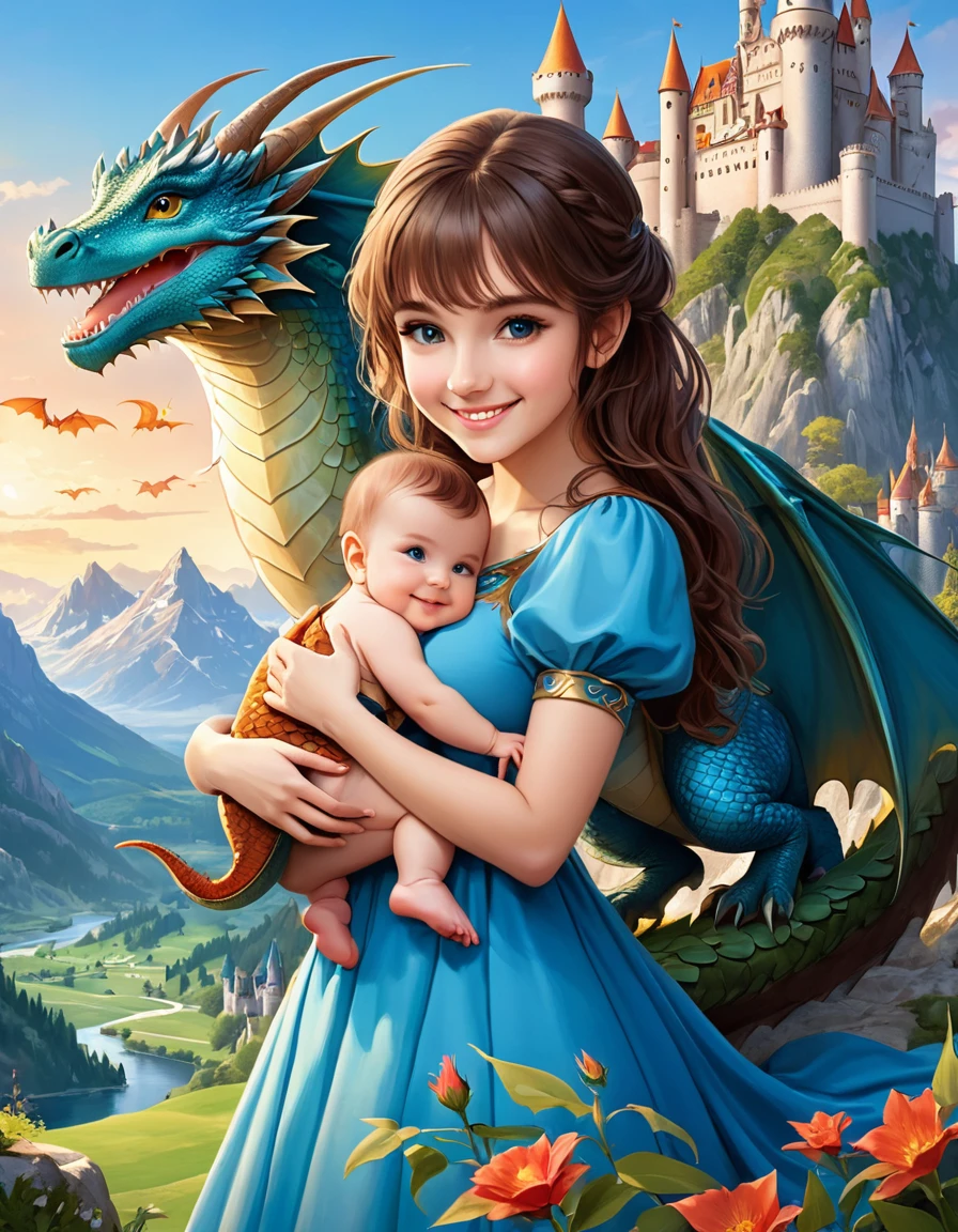 A young girl with brown hair in a blue dress, smiling and posing closely with a cute baby dragon, in a fantasy landscape with castles and mountains