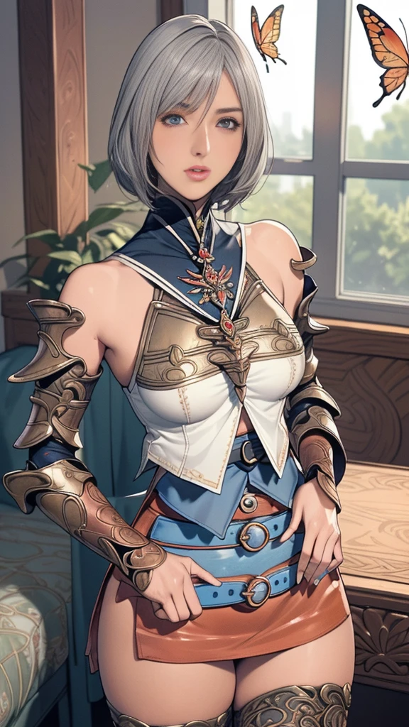{{{nsfw:1.5}}},{Highest quality}, {Very beautiful}, {Super detailed}, {The best An illustration}, masterpiece,(((Skirt flip:1.5))),((Showing off her butterfly micro panties)),((Holy Knight)), ((Red copper armor))、((((Extremely detailed and intricately decorated armor:1.1)))),Red Cowboy Shot,smooth udder、big 、(Golden Ratio,Tabletop, Highest quality, Highest quality, Official Art, beautifully、beautiful:1.2), Very detailed, colorful,Best details,An illustration, Great scene, (Adult,19 years old,One Girl, alone, Final Fantasy 12,Asheria:1.5, Asheria:1.5, Asheria:1.5, short hair, short hair,Bobcut,Silver Hair:1.2,Asheria Costume:1.5, Asheria Costume:1.5, mini skirt,Knee socks, Thighs Thighs Thighs Thighs, gem, Blue Belt,Belt number 1),Course of action, A look of contempt ,