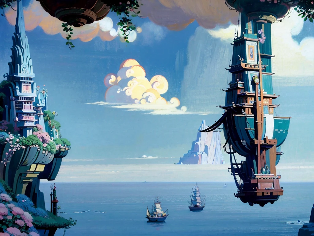 DVD screengrab from studio ghibli movie, beautiful seaside hanging gardens, clouds on blue sky, designed by Hayao Miyazaki, retro anime