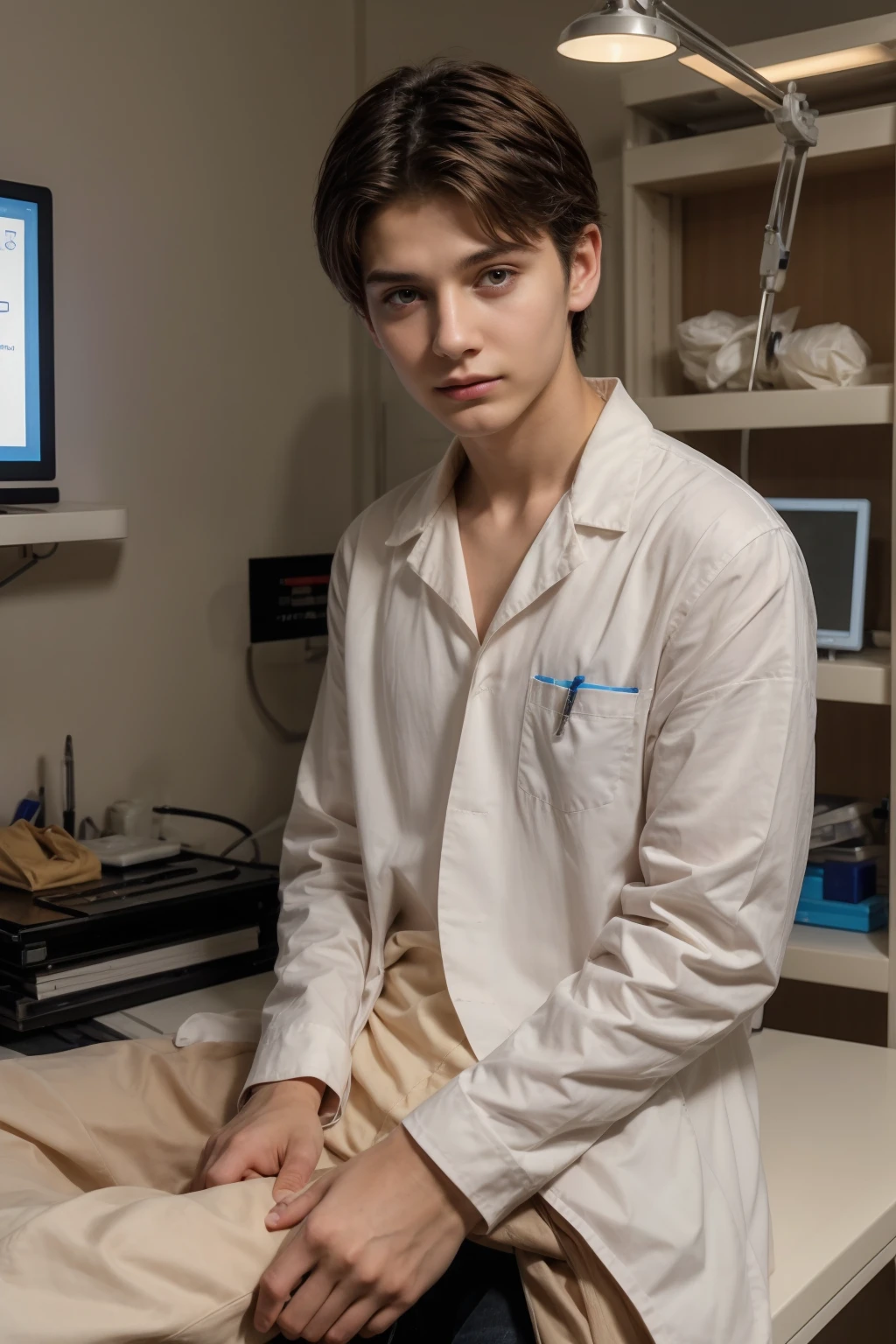 A beautiful young man, a cute male twink, with black hair, wearing a long-sleeved, white shirt and jeans. He is in the surgical operating room, and behind him are surgical medical instruments, devices, and medical smart screens inscribed with nerve cells, rings, etc., and he looks on proudly, with a face with reddish makeup. He is sitting at a luxurious desk