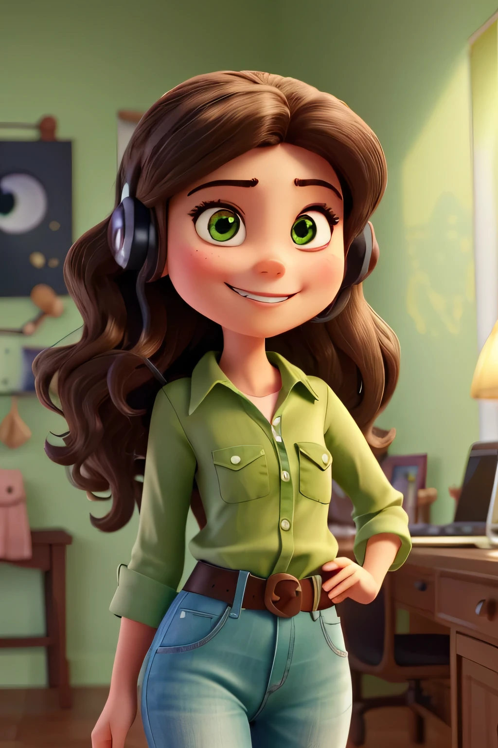 create an image of a woman inspired by disney pixar, with long, dark hair with some highlighted highlights, with a happy face, Grinning, eyes browns, image from the waist up like a green shirt, com um macbook na mão e um fone no pescoço - deixar essa imagem de eyes browns. 