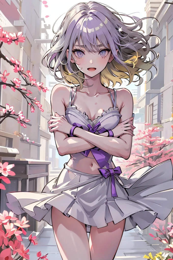 1 girl ,(from above:1.2),purple color hair、Purplish pink eyes that dreamers desire, (Blonde hair) , small stature, Colossal tits, Lori, (masutepiece:1.2, Best Quality), (finely detailed beautiful eye: 1.2), (beautifull detailed face), (Best Illumination, extremely delicate and beautiful), ((Cinematic Light)), Dramatic light, (Pale white background:1.5), Short bob hair(1:3)、Ultra Contrast、Braid a little around the ears, White long dress、only has 5 fingers、、Her pussy is visible through the white thong、Wet pants、You can see inside your underwear、full of sweat、mocking look、diaper、nffsw,Arms crossed、grab the arm、Shoot from above、The angle is as seen from below.、Best Quality、Large breastuscular pussy、Pubic hair,high-level image quality、hightquality、8K,perfect hand、5 fingers、finger pin、Perfect Finger、T back、Naked、noise cut、bullet hand、Her hair color should have been a brighter purple.The skirt part is also carefully expressed..、Purple skirt、the skirt is floating in the wind、Dark purple panties、Pubic hair majority,A scene of make cooking Carbonara Pasta in the kitchen,(with sparkling eyes and a contagious smile),open mouth, Looking at Viewer,
