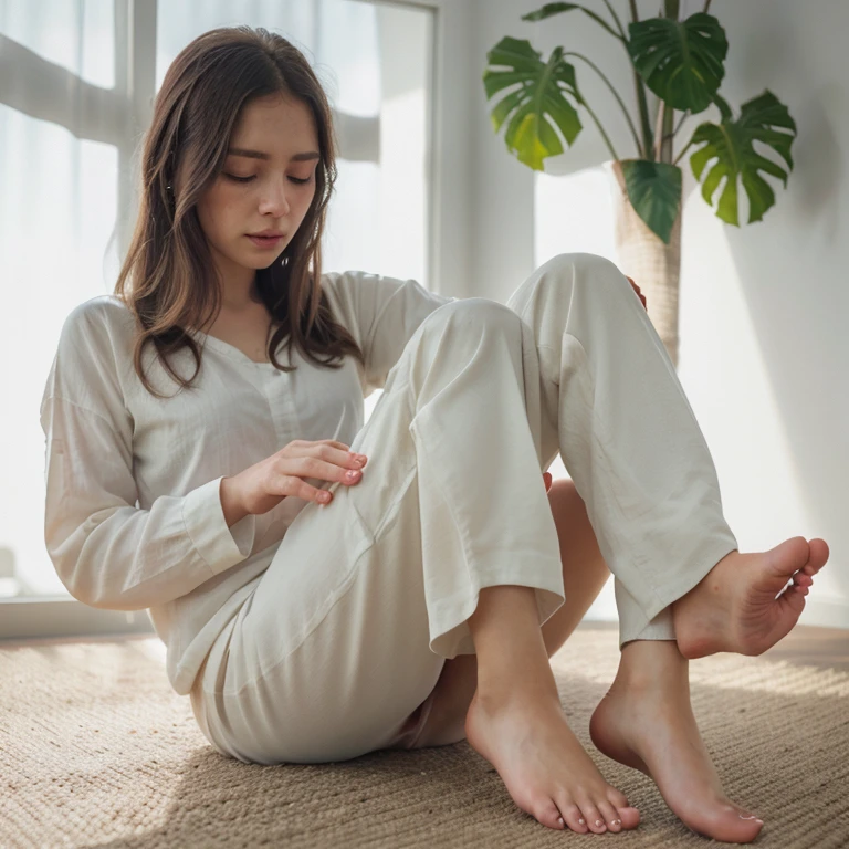 a woman sitting on the ground, barefoot, close-up of her feet and toes, detailed realistic rendering, solo subject, long sleeves, hands resting on her feet, white shirt, foot focus, (best quality,4k,8k,highres,masterpiece:1.2),ultra-detailed,(realistic,photorealistic,photo-realistic:1.37),cinematic lighting,intricate details,soft colors,serene mood,