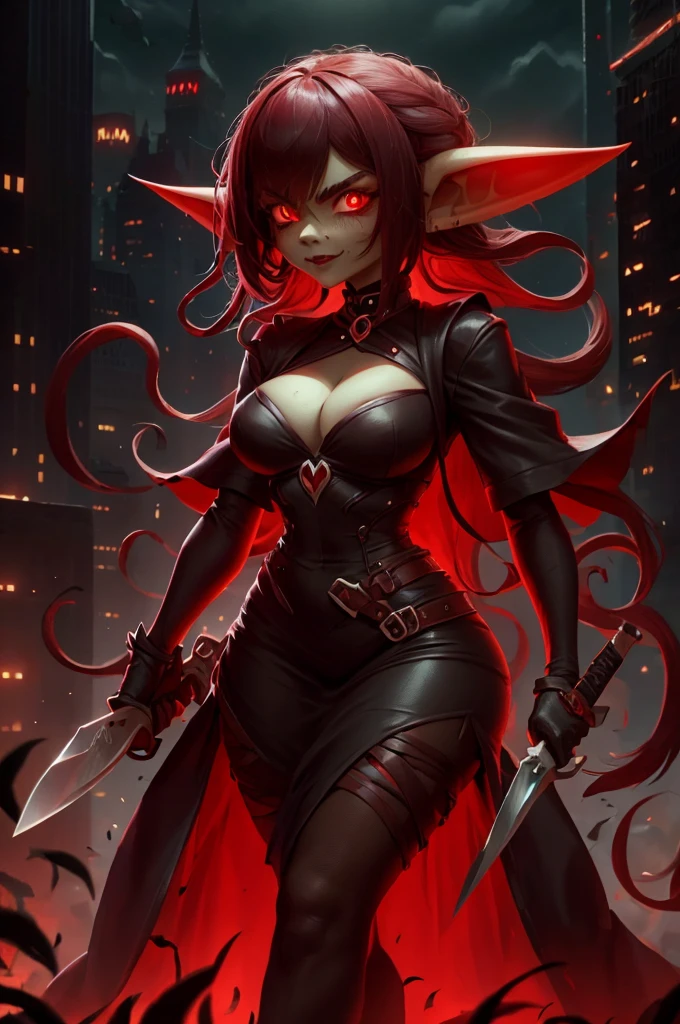 goblin mafia woman, black and red clothes, with a knife in his hands