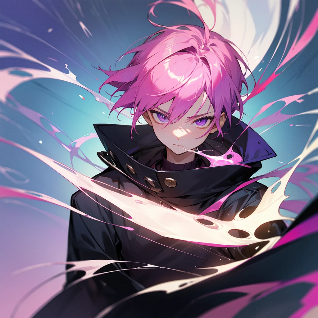 Saika have ,he is a boy, he has short striking pink hair that falls in soft waves around his face, complementing his vibrant purple eyes. His features are sharp and defined, with a youthful charm that is accentuated by his slender build. He often wears a stylish black jacket over a graphic t-shirt and jogging àd sometimes tight, completing his edgy and modern look, he is in his bedroom.