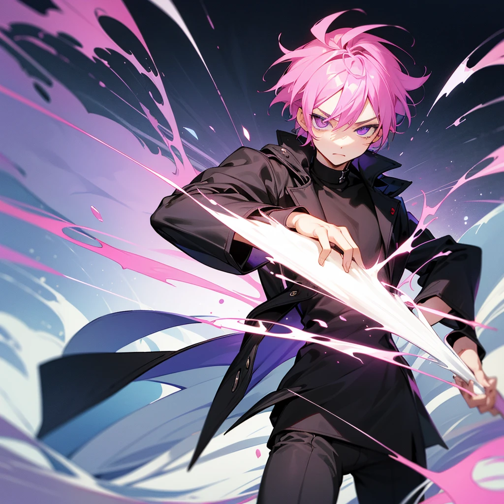 Saika have 14 years old,he is a boy, he has short striking pink hair that falls in soft waves around his face, complementing his vibrant purple eyes. His features are sharp and defined, with a youthful charm that is accentuated by his slender build. He often wears a stylish black jacket over a graphic t-shirt and jogging àd sometimes tight, completing his edgy and modern look, he is in his bedroom.