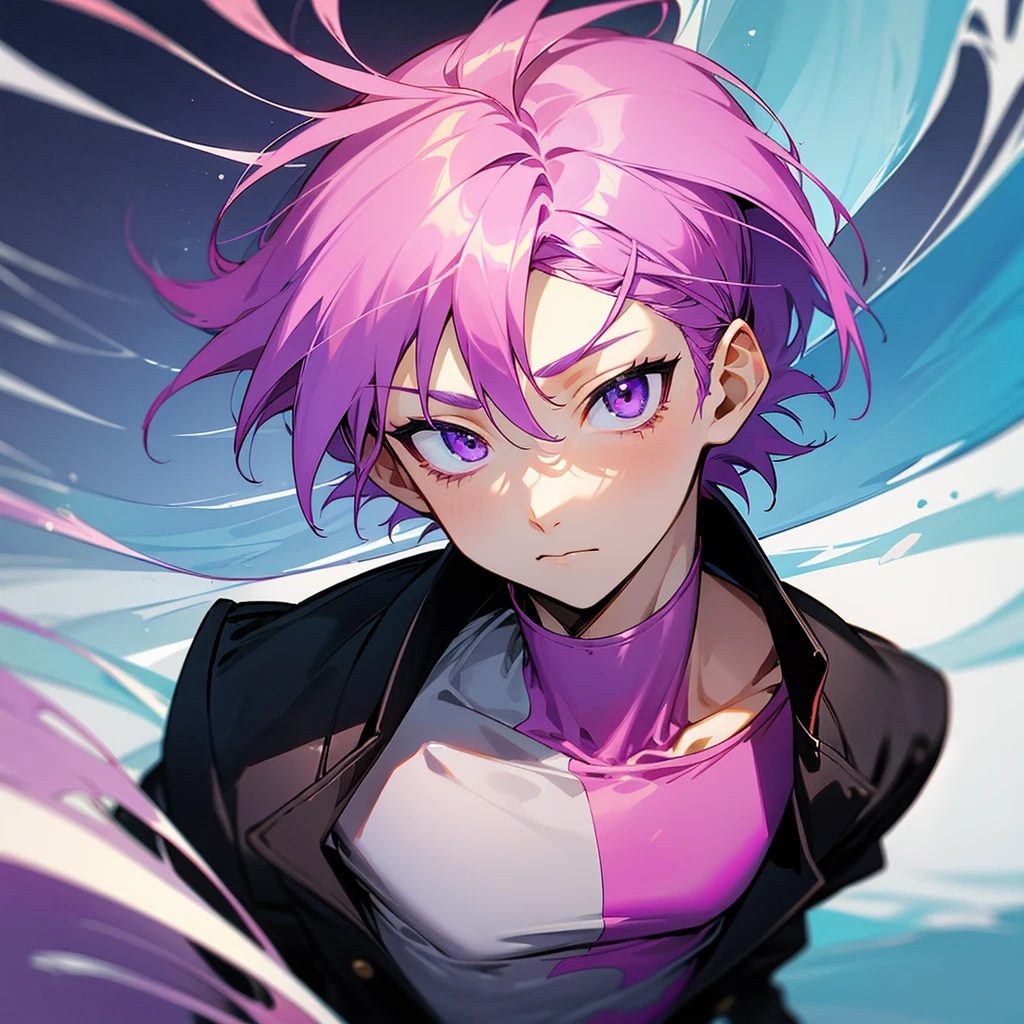 Saika have 14 years old,he is a boy, he has short striking pink hair that falls in soft waves around his face, complementing his vibrant purple eyes. His features are sharp and defined, with a youthful charm that is accentuated by his slender build. He often wears a stylish black jacket over a graphic t-shirt and jogging àd sometimes tight, completing his edgy and modern look, he is in his bedroom.