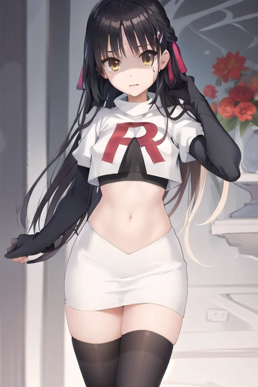 solo, Natsume, black hair, yellow eyes, long hair, hairclip, hair ribbon, mole under eye, hair flower, red flower, team rocket,team rocket uniform,white skirt,red letter R,crop top,black thigh-highs,black elbow gloves