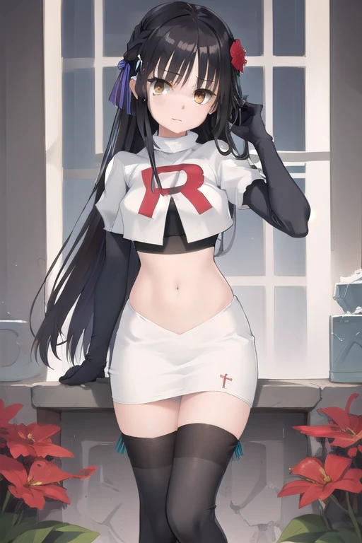 solo, Natsume, black hair, yellow eyes, long hair, hairclip, hair ribbon, mole under eye, hair flower, red flower, team rocket,team rocket uniform,white skirt,red letter R,crop top,black thigh-highs,black elbow gloves