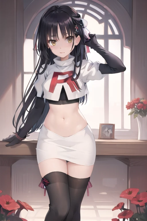 solo, Natsume, black hair, yellow eyes, long hair, hairclip, hair ribbon, mole under eye, hair flower, red flower, team rocket,team rocket uniform,white skirt,red letter R,crop top,black thigh-highs,black elbow gloves