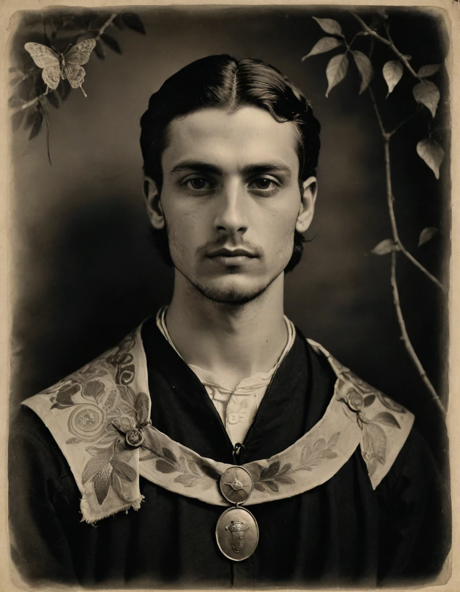 {{{rough monochrome, daguerreotype on old paper, male focus}}}, the composition is: (((((a 20 year old Italian male, dignified, facing viewer, snake eyes. Tattoos, face tattoos. He is wearing an embroidered silken toga with Byzantine elements, sashes, moth medals, pauldrons, lozenge symbology, moth symbology, jungle background, moth)))))