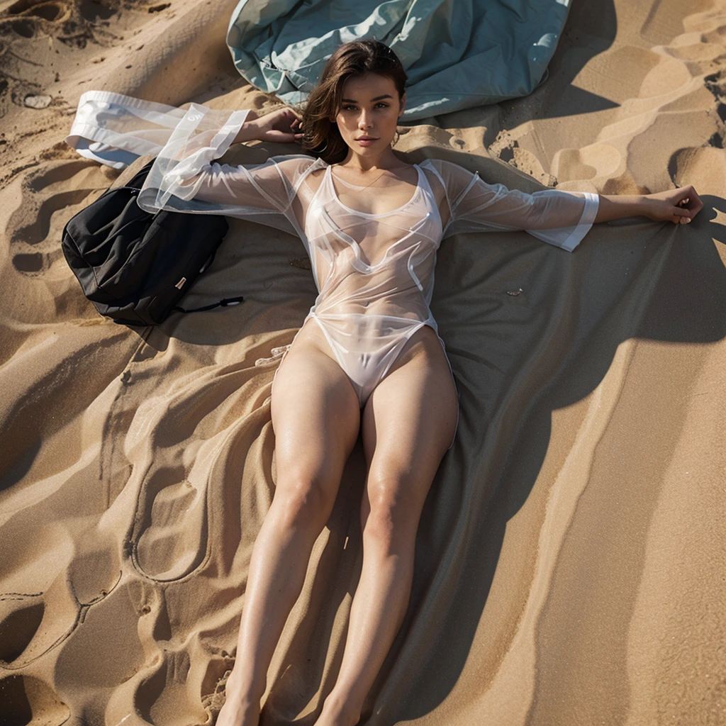 A woman in transparent clothing on a beach
