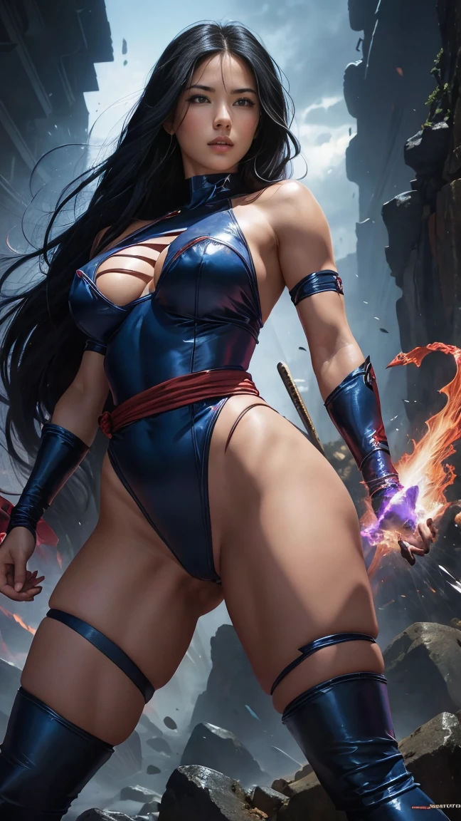 Art image of Olivia Munn as Psylocke, busty, beautiful, dark blue costume with red sash at her waist black hair, large breasts, by Louis Royo, Boris Vallejo, J. Scott Campbell, extreme focus, sharp details, sexy,  oily skin, show feet, full body