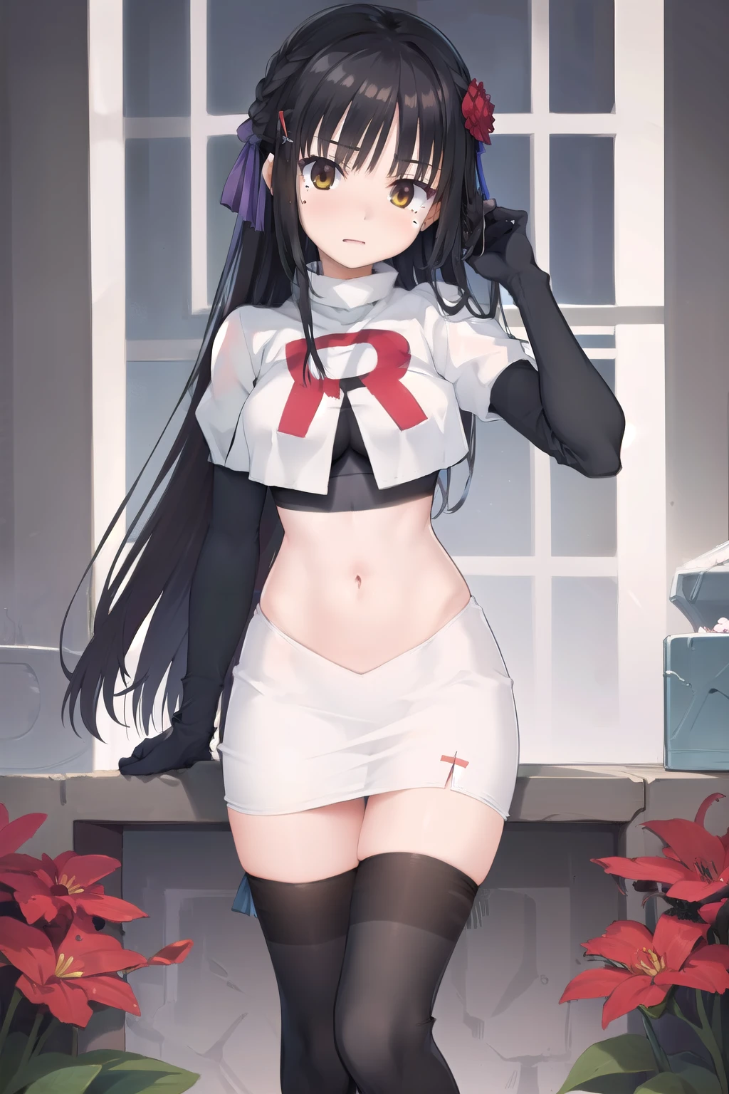 solo, Natsume, black hair, yellow eyes, long hair, hairclip, hair ribbon, mole under eye, hair flower, red flower, team rocket,team rocket uniform,white skirt,red letter R,crop top,black thigh-highs,black elbow gloves