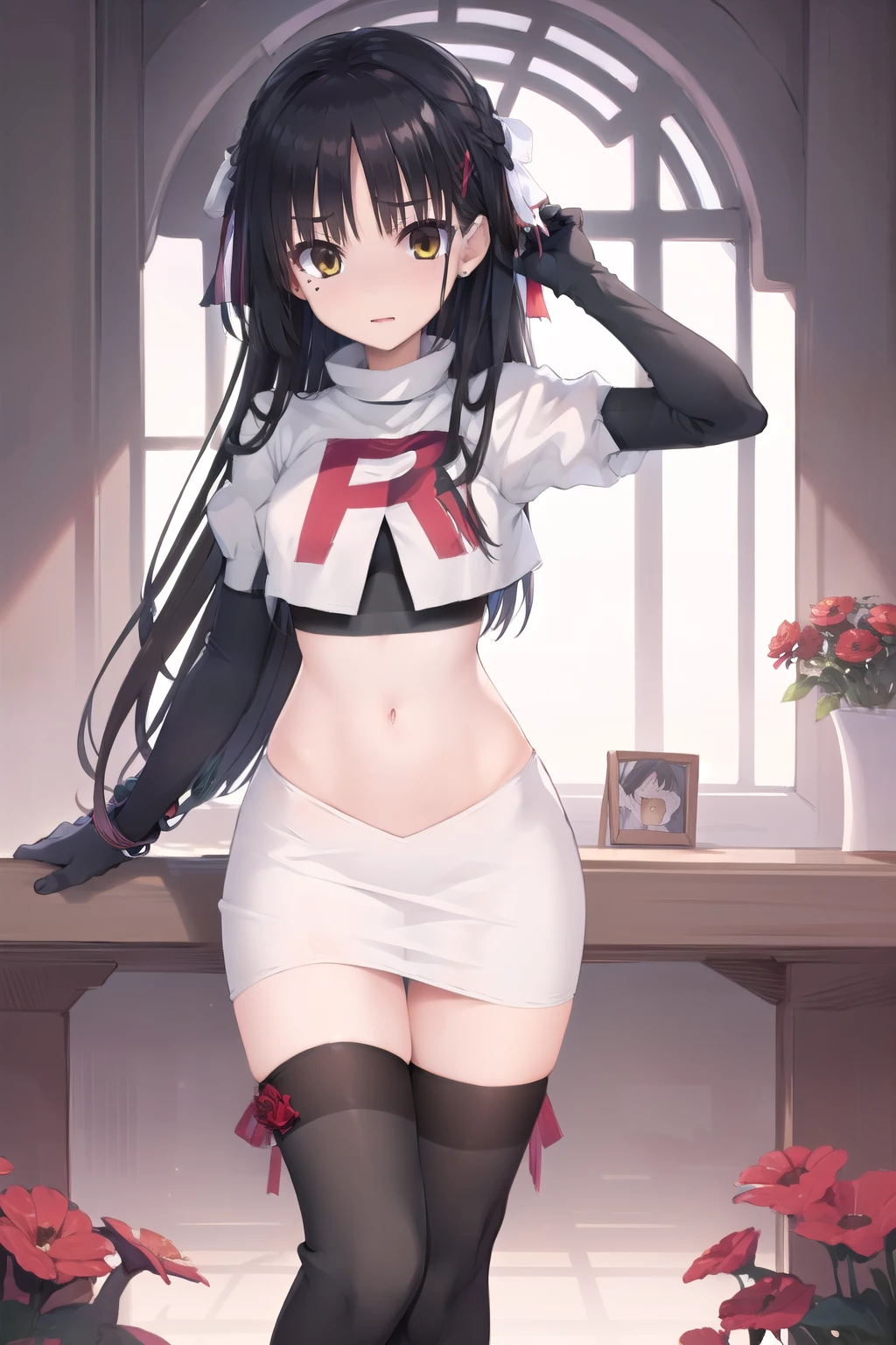 solo, Natsume, black hair, yellow eyes, long hair, hairclip, hair ribbon, mole under eye, hair flower, red flower, team rocket,team rocket uniform,white skirt,red letter R,crop top,black thigh-highs,black elbow gloves