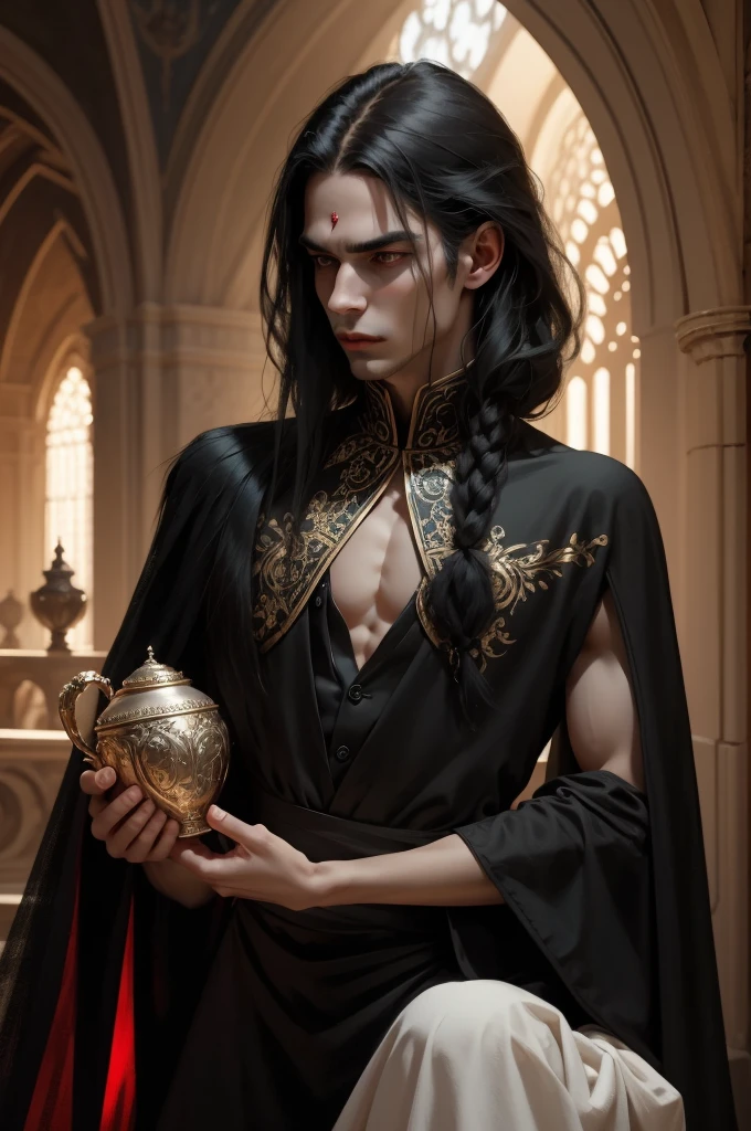 {???????}(Masterpiece - Ultra-detailed, very high resolution) Prepare to be enchanted by a true masterpiece that combines ultra-detailed art with high-resolution rendering. This work portrays a man with long black hair (1.3) and captivating golden eyes (1.2), emanating an aura of mystery in decadent settings. The intricate details and realistic textures invite you to explore every aspect of this enchanting composition. man in black clothes. Rebel look. Red lips. white skin like a vampire.