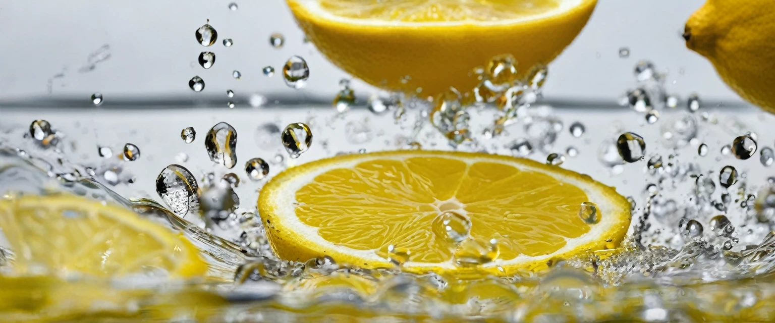 In a clear glass with water droplets floating in it、Lemon squash