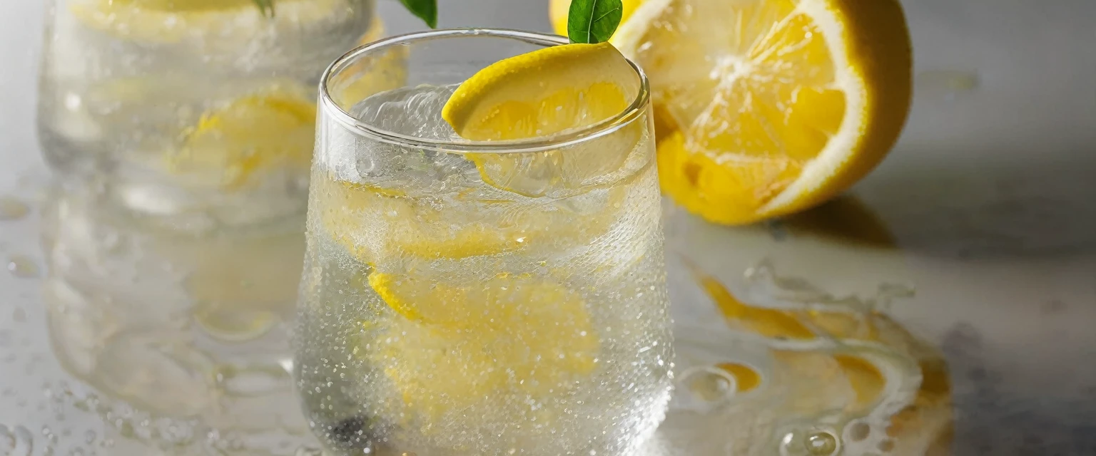 In a clear glass with water droplets floating in it、Lemon squash