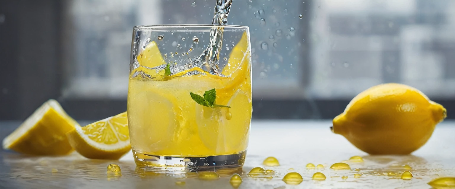 In a clear glass with water droplets floating in it、Lemon squash