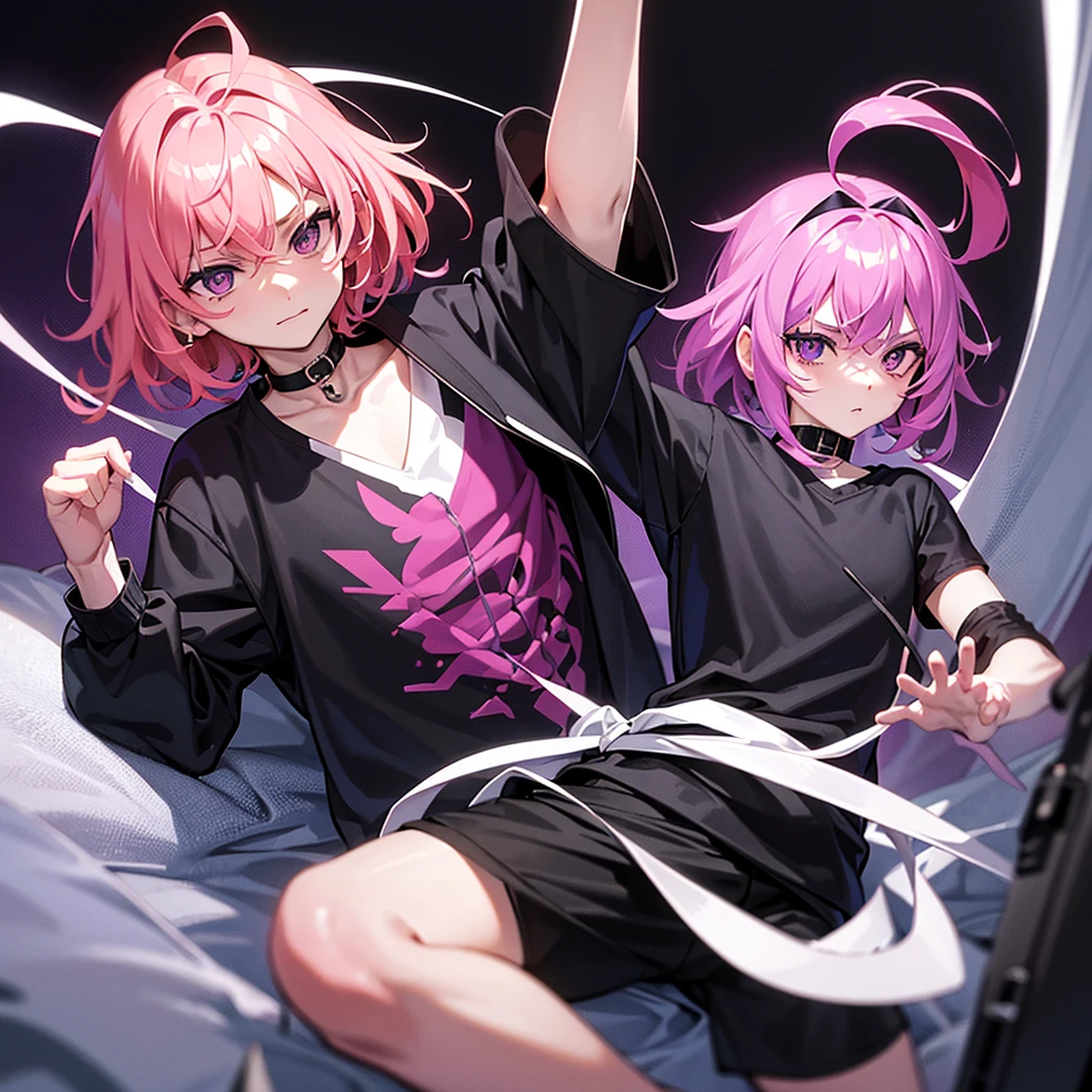 Saika have ,he is a boy, he has short striking pink hair that falls in soft waves around his face, complementing his vibrant purple eyes. His features are sharp and defined, with a youthful charm that is accentuated by his slender build. He often wears a stylish black jacket over a graphic t-shirt and jogging àd sometimes tight, completing his edgy and modern look, he is in his bedroom.