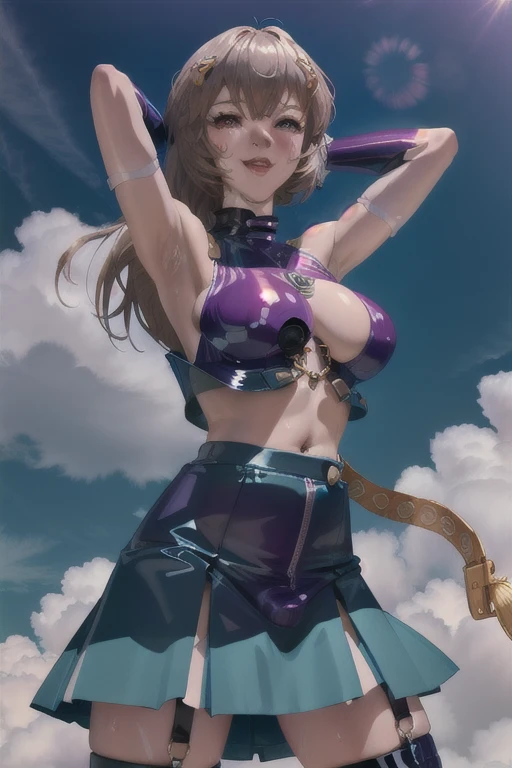 masterpiece, 1 Girl, Forester,alone, Shortcuts, , Honesty "Queen" Niijima (Honesty Niijima) - People、Looking at the audience, Big Breasts, Mature Woman, Woman with penis,erectionした大きなペニス,erection,Masturbation,The vagina turns into a penis,blush, smile, Blow Brown Long Hair、Lilac eyes, Pink Bed, Orgasm facial expression,Charmed,Mature Woman,Black latex gloves,Sky blue off-the-shoulder latex suit,The shape of a penis is visible under the suit,erection,Sky blue skirt,Sky blue off-the-shoulder latex,Sky blue latex skirt,Latex shirt,Sky blue latex off-shoulder shirt,Armpit sweat,