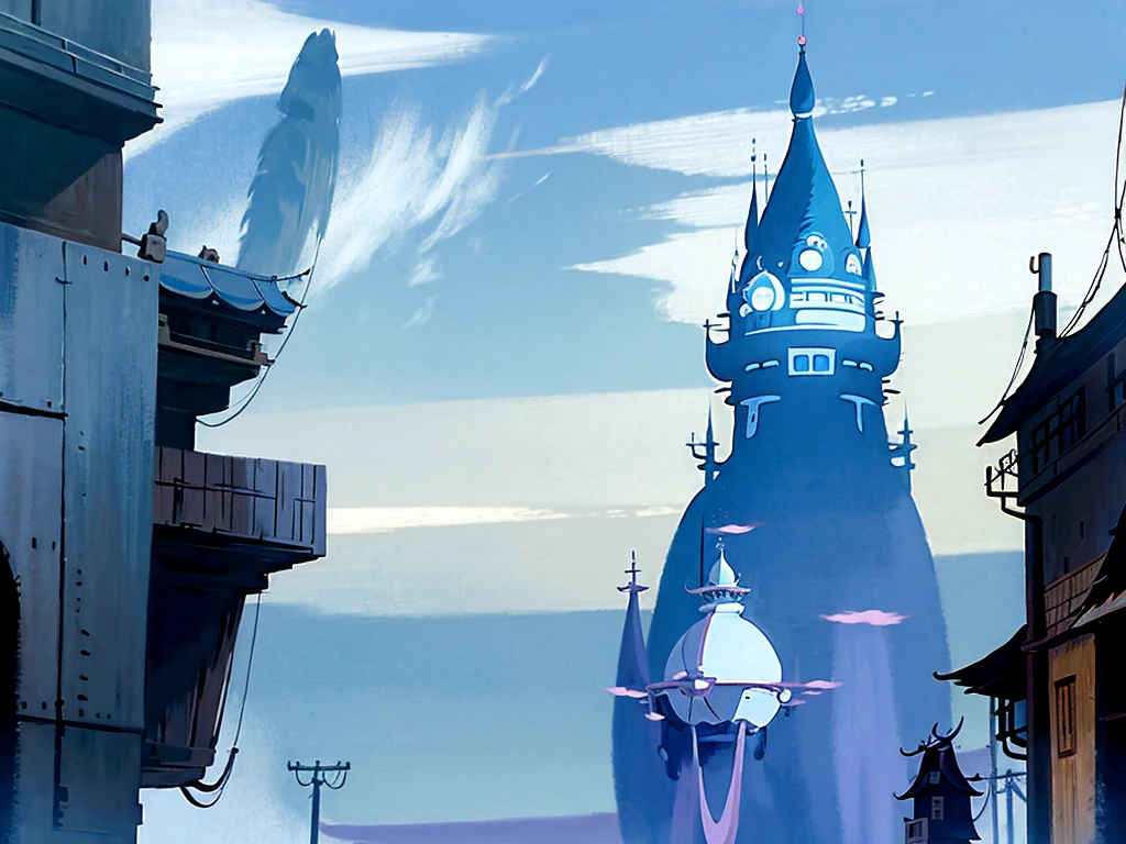 DVD screengrab from studio ghibli movie, beautiful city street, clouds on blue sky, designed by Hayao Miyazaki, retro anime