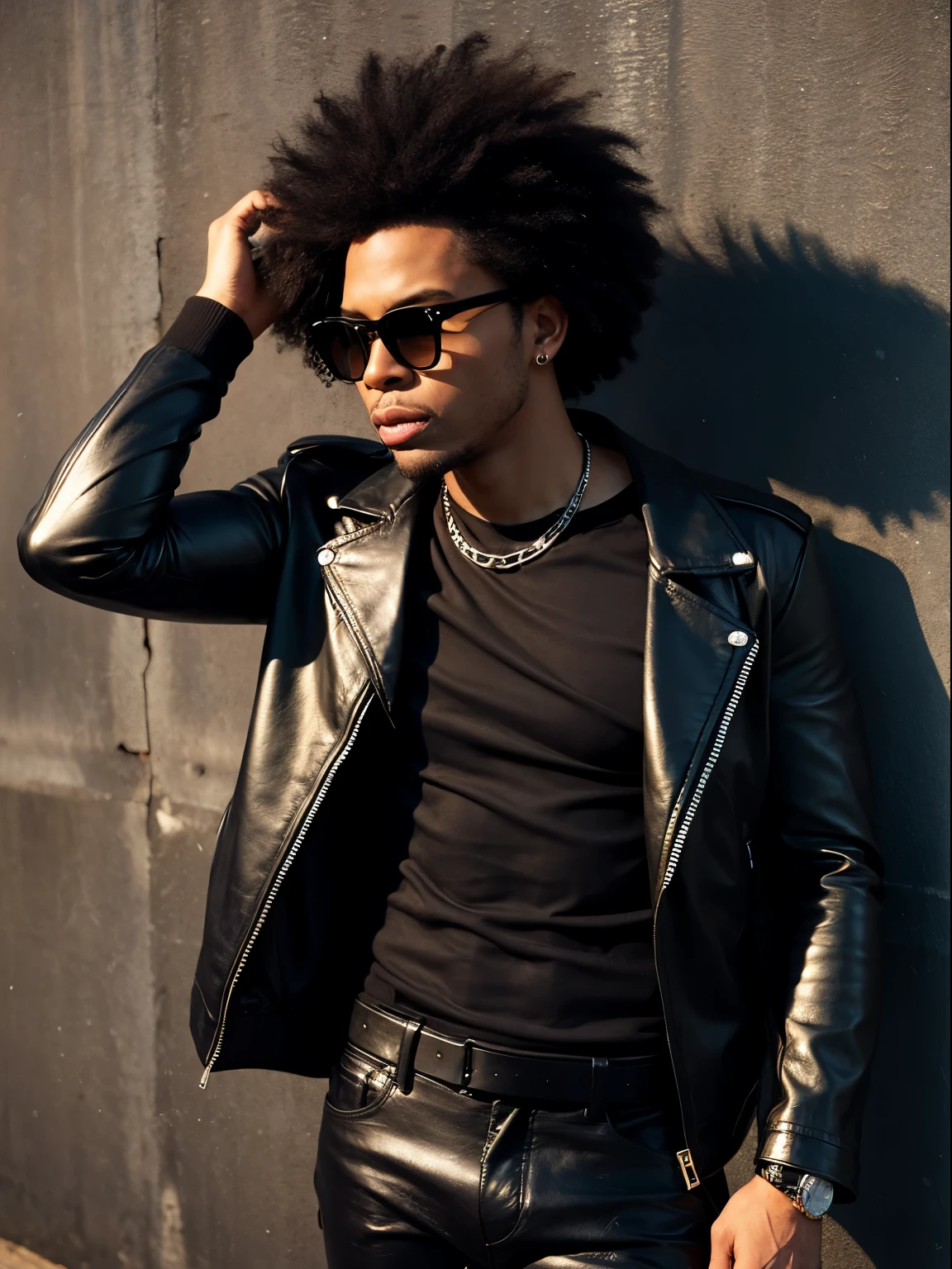 black T-shirt, front open single leather jacket, black wall, facing forward, waist up, midnight, black man, afro hair, eyewear, wild