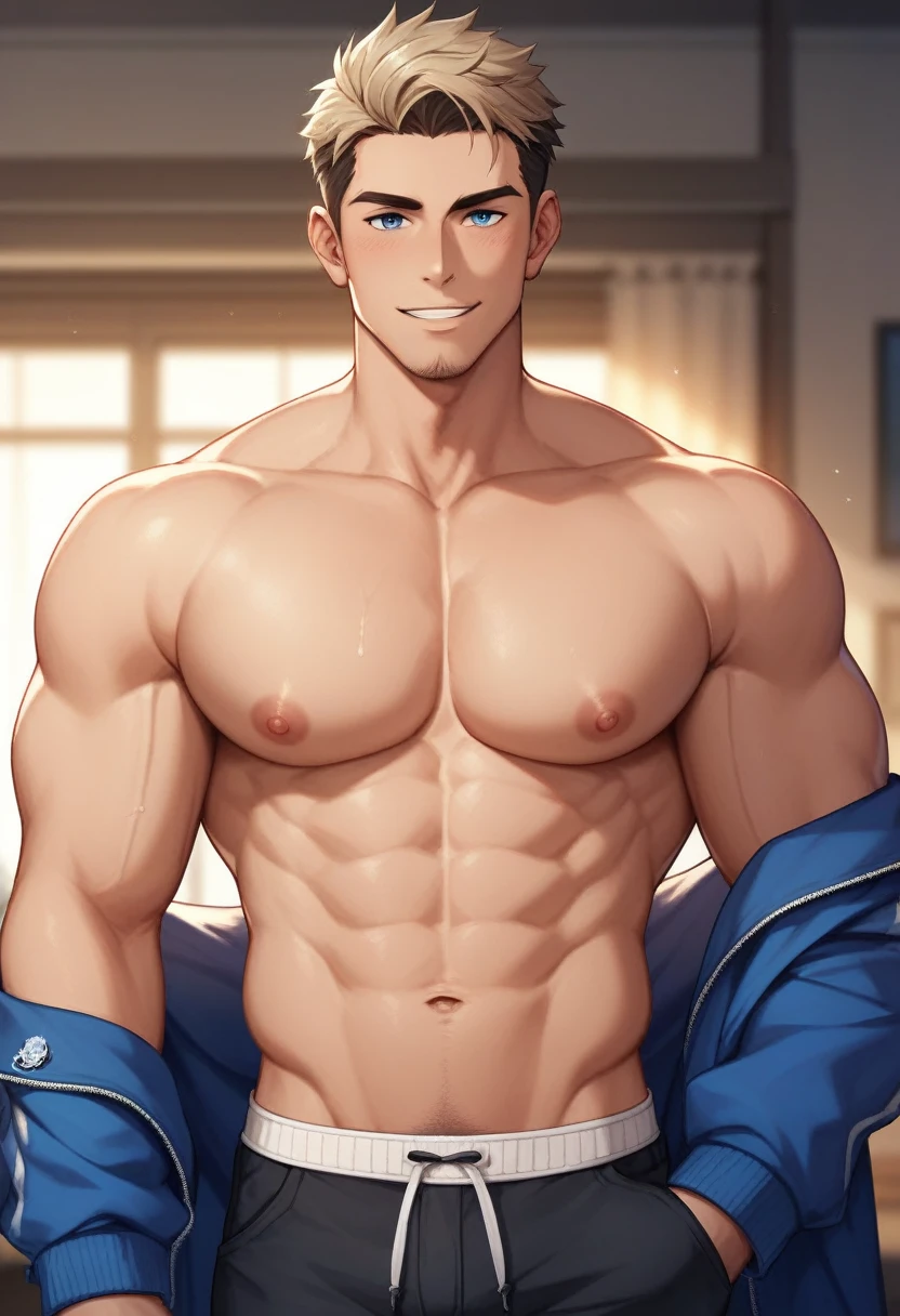 A handsome man with a lot of cum on his face!!! Big chest!!! Big pectorals!!! Round chest!!! Big nipples!!! Large chest!!! attractive male, sexy masculine, handsome male, oppai, oppai proportions, cinematic lighting, high contrast, vivid colors, 8k, masterpiece