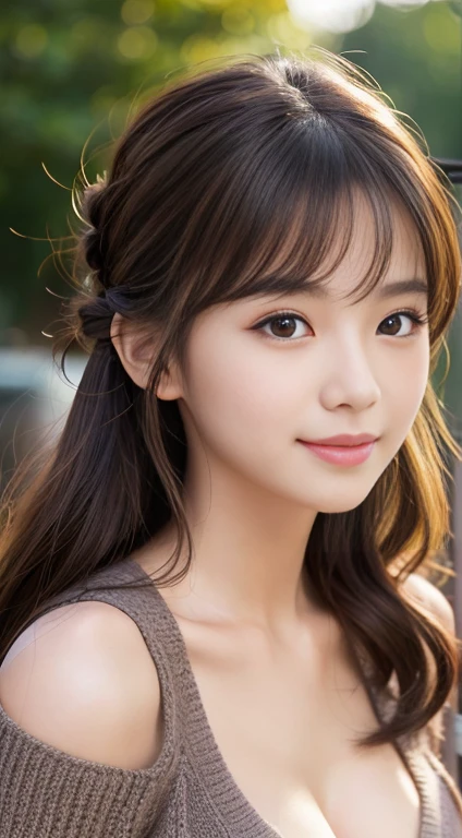 Highest quality, 8K, masterpiece :1.3)), whole body, Sharp focus :1.2, Beautiful woman with perfect figure :1.4, Slim Abs :1.2, ((Dark brown hair, Big Breasts :1.2)), (masterpiece:1.3), (8K, Photorealistic, Raw photo, Best image quality: 1.4), Japanese schoolgirl、(Random Hairstyles:1.2)、Cleavage:1.2、Super detailed face、Attention to detail、double eyelid、Put your chest together、Sharp focus:1.2、Beautiful woman:1.4、Light brown hair、Highest quality、masterpiece、Ultra-high resolution、(Photorealistic:1.4)、Highly detailed and professionally lit smile、Loose, lightweight knitwear、Shoulder out、thin、Serious expression、Beautiful medium-long hairstyle、Knitted dress、Beautiful Hair、whole body写真