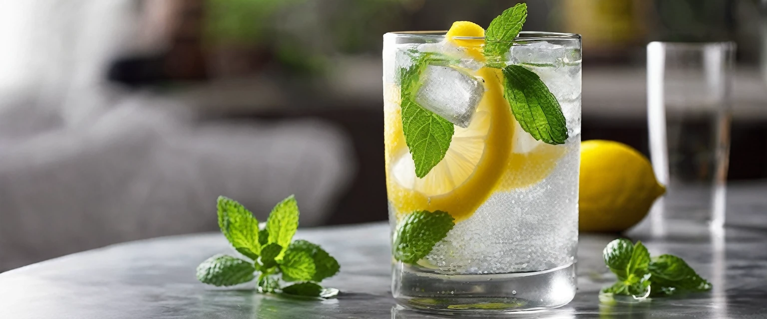 A clear glass filled with carbonated water, mint leaves, lemon slices and ice、Lemon squash