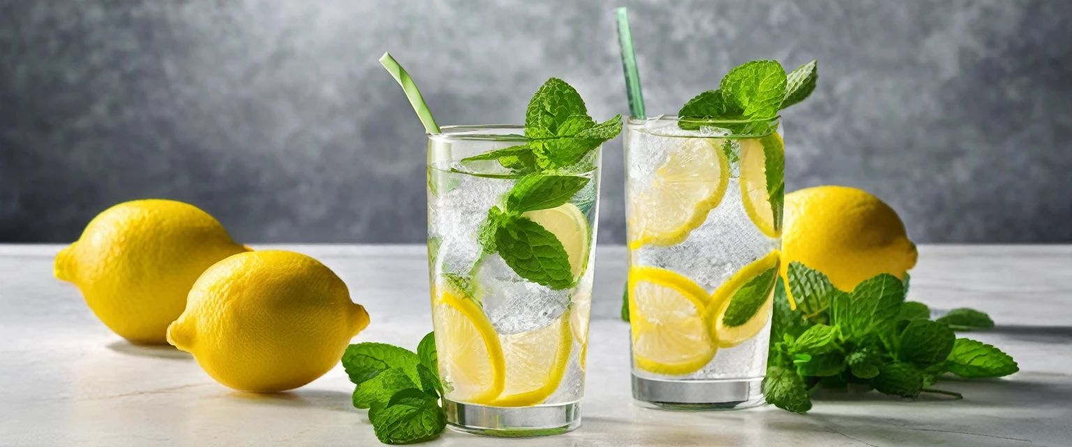 A clear glass filled with carbonated water, mint leaves, lemon slices and ice、Lemon squash