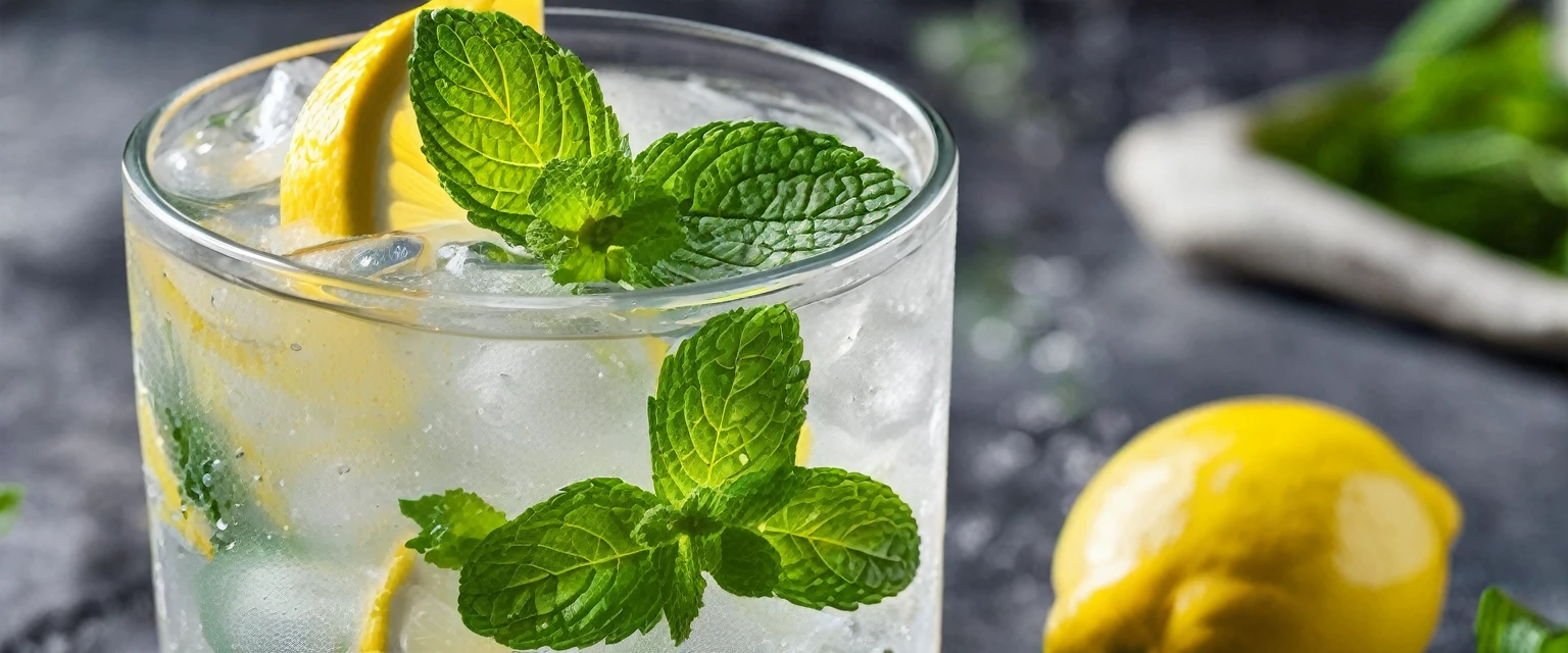 A clear glass filled with carbonated water, mint leaves, lemon slices and ice、Lemon squash