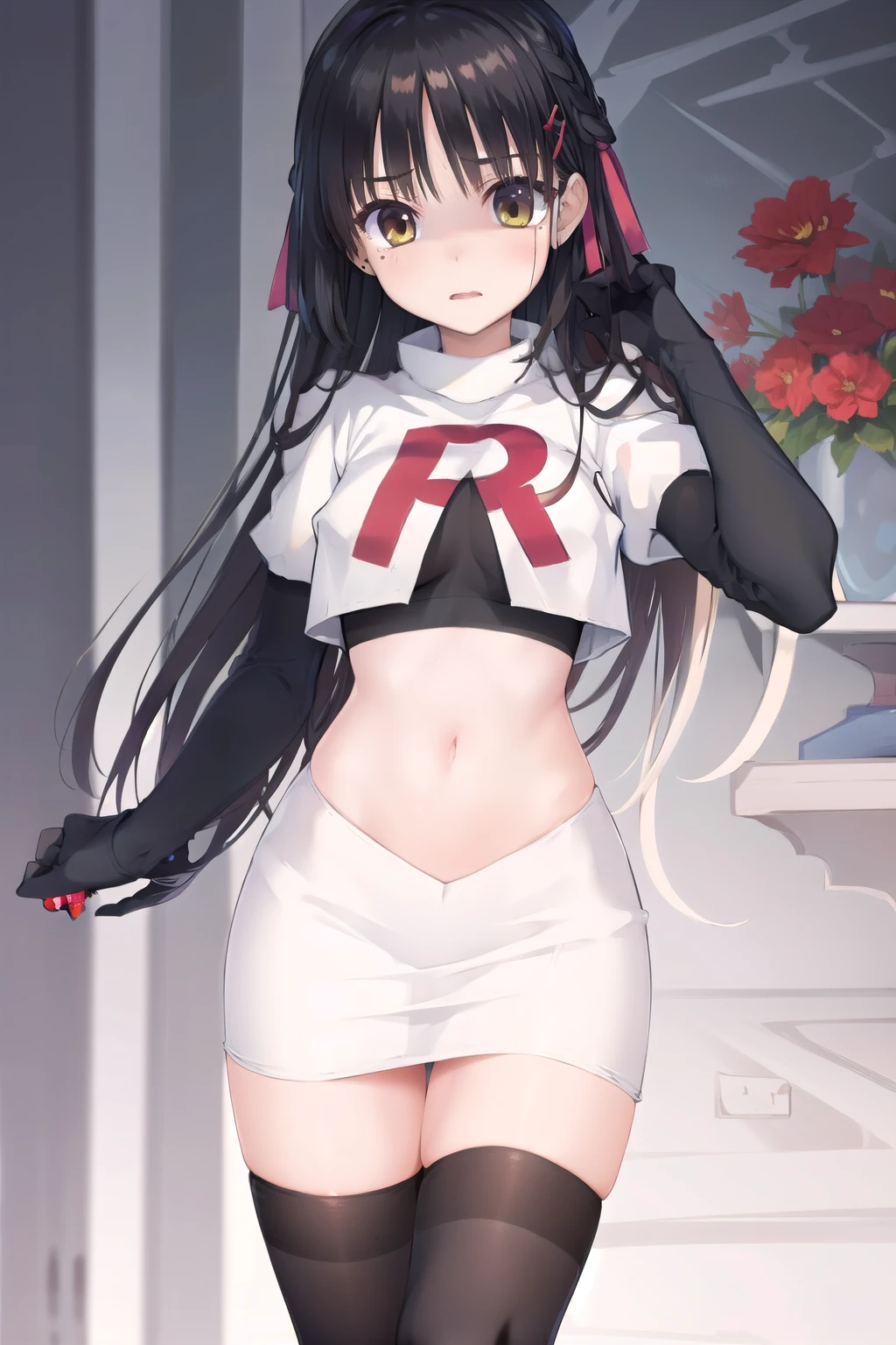 solo, Natsume, black hair, yellow eyes, long hair, hairclip, hair ribbon, mole under eye, hair flower, red flower, team rocket,team rocket uniform,white skirt,red letter R,crop top,black thigh-highs,black elbow gloves