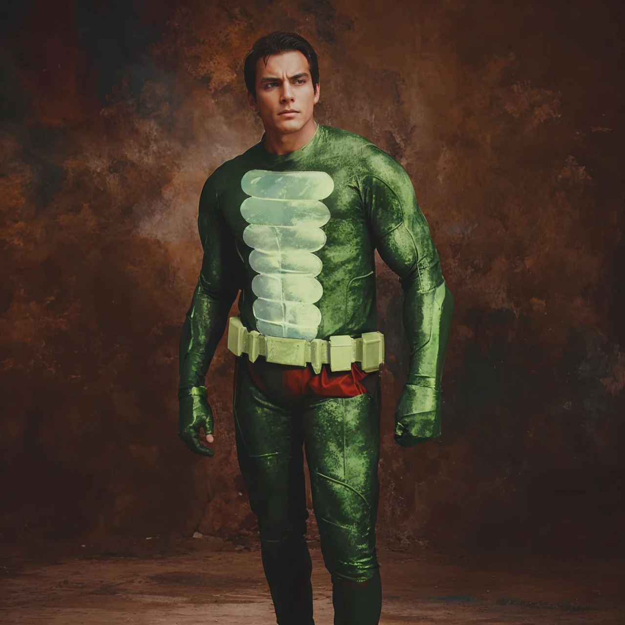 Green superhero in a fighting pose
