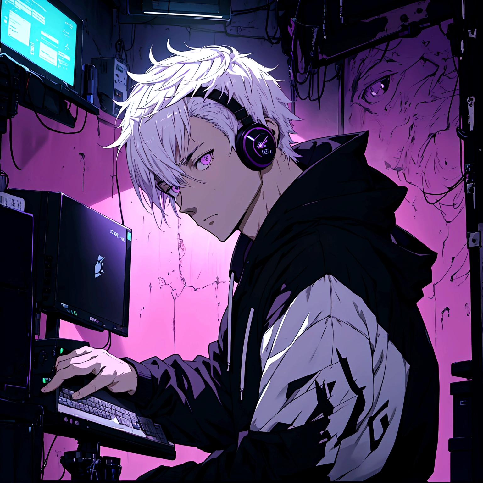 (Anime style) 1 man, alone man, young man, white skin, purple eyes, short white hair, with headphones, black hoodie, using the computer in his room, black room with neon lights in the background.