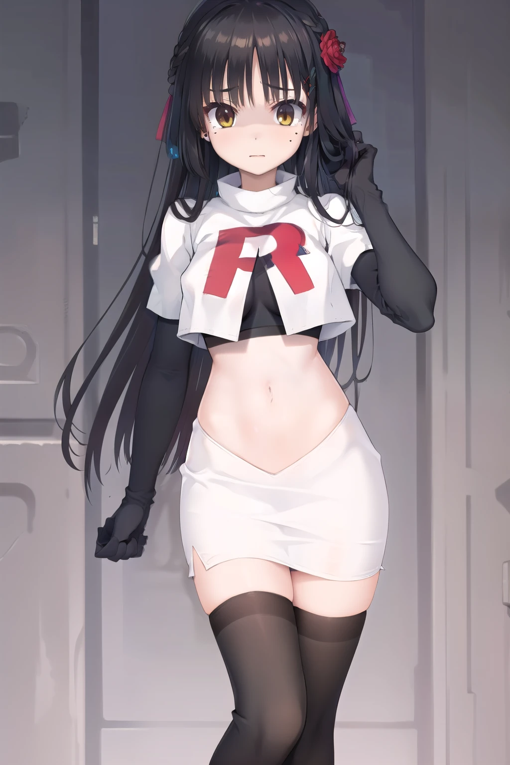 solo, Natsume, black hair, yellow eyes, long hair, hairclip, hair ribbon, mole under eye, hair flower, red flower, team rocket,team rocket uniform,white skirt,red letter R,crop top,black thigh-highs,black elbow gloves