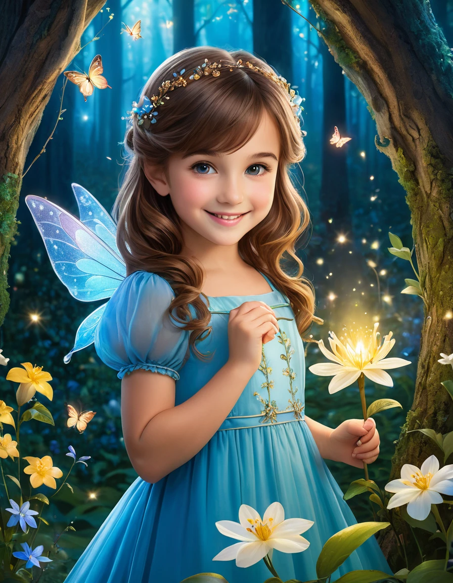A young girl with brown hair in a blue dress, smiling and posing closely with a tiny fairy, set in an enchanted forest with glowing flowers