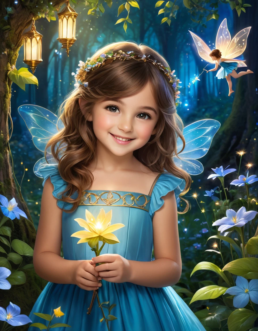 A young girl with brown hair in a blue dress, smiling and posing closely with a tiny fairy, set in an enchanted forest with glowing flowers