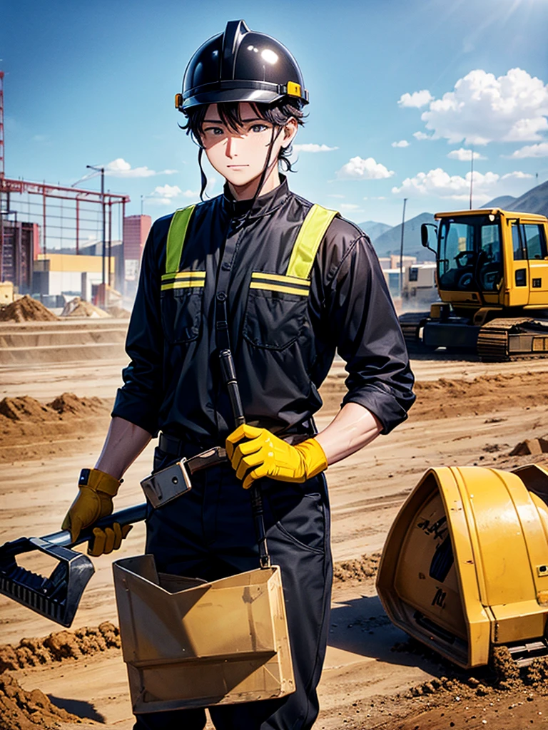 Highest quality,Highest Resolution,Man working at construction site,Black work clothes,Yellow helmet,Excavator,sunny,Sweating profusely