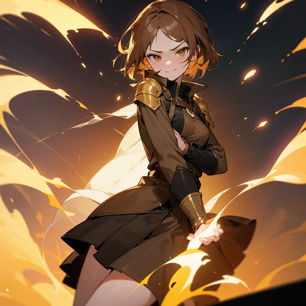 beautiful girl, cute face, perfect anatomy, short light brown hair, golden eyes, wearing an adventurer's outfit, wearing skirt, wearing a coat, with a arrogant expression, a smug smile, eyes with a arrogant expression, small breasts, big thighs, with a wound on the face and bleeding nose, using fire magic, anime style.