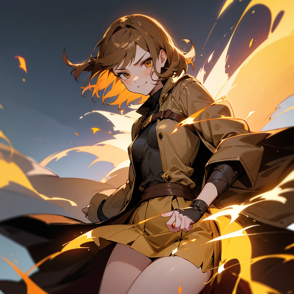 beautiful girl, cute face, perfect anatomy, short light brown hair, golden eyes, wearing an adventurer's outfit, wearing skirt, wearing a coat, with a arrogant expression, a smug smile, eyes with a arrogant expression, small breasts, big thighs, with a wound on the face and bleeding nose, using fire magic, anime style.