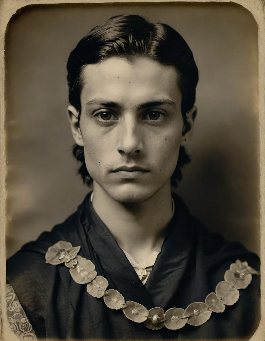 {{{rough monochrome, daguerreotype on old paper, male focus}}}, the composition is: (((((a 15 year old Italian male, dignified, facing viewer, snake eyes. Tattoos, face tattoos. He is wearing an embroidered silken toga, sashes, moth medals, pauldrons, pendants of lozenge symbology, moth symbology, jungle background, moth)))))