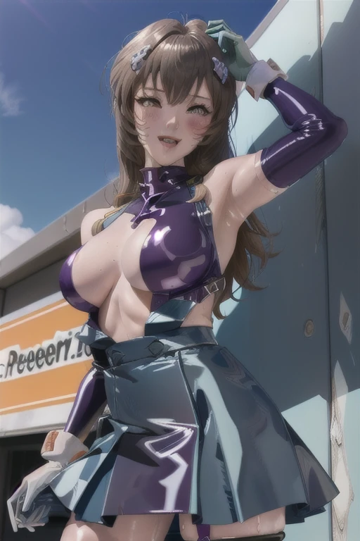 masterpiece, 1 Girl, Forester,alone, Shortcuts, , Honesty "Queen" Niijima (Honesty Niijima) - People、Looking at the audience, Big Breasts, Mature Woman, Woman with penis,erectionした大きなペニス,erection,Masturbation,The vagina turns into a penis,blush, smile, Blow Brown Long Hair、Lilac eyes, Pink Bed, Orgasm facial expression,Charmed,Mature Woman,Black latex gloves,Sky blue off-the-shoulder latex suit,The shape of a penis is visible under the suit,erection,Sky blue skirt,Sky blue off-the-shoulder latex,Sky blue latex skirt,Latex shirt,Sky blue latex off-shoulder shirt,Armpit sweat,