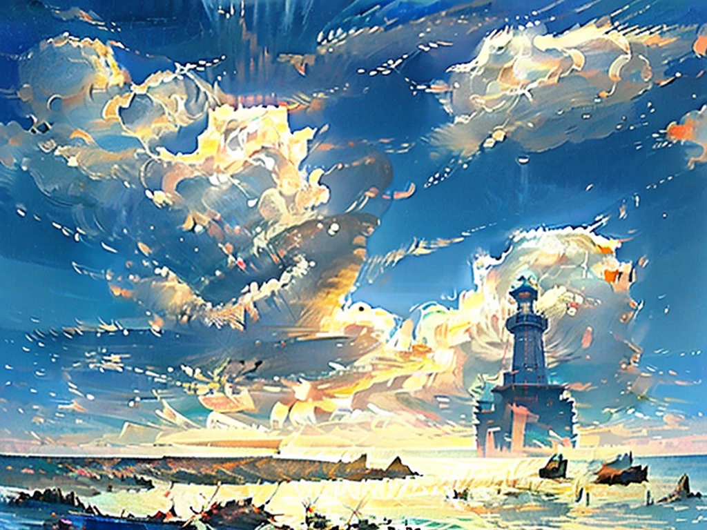 DVD screengrab from studio ghibli movie, beautiful seaside steampunk observatory, clouds on blue sky, designed by Hayao Miyazaki, retro anime