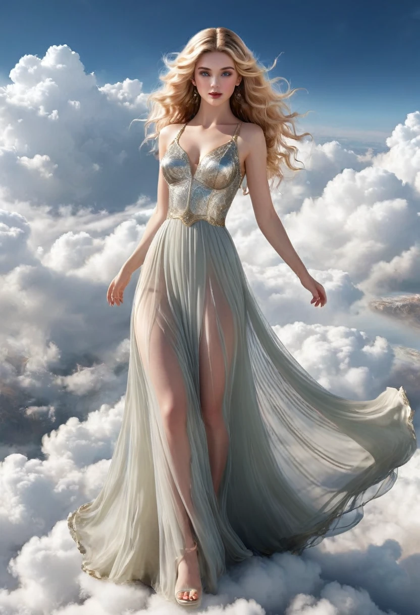 (Highest quality)), ((masterpiece)), (detailed), Aphrodite with a perfect face, Fascinating, Unreal Engine, Ultra-realistic, ultra detailed, Vintage Style, Perfect model, Floating in the air, Above the Clouds, long hair to the waist, Blonde, Wavy Hair, Stunning transparent long dress, Shiny skin, Ultra-high resolution, Ultra-realistic, ultra detailed