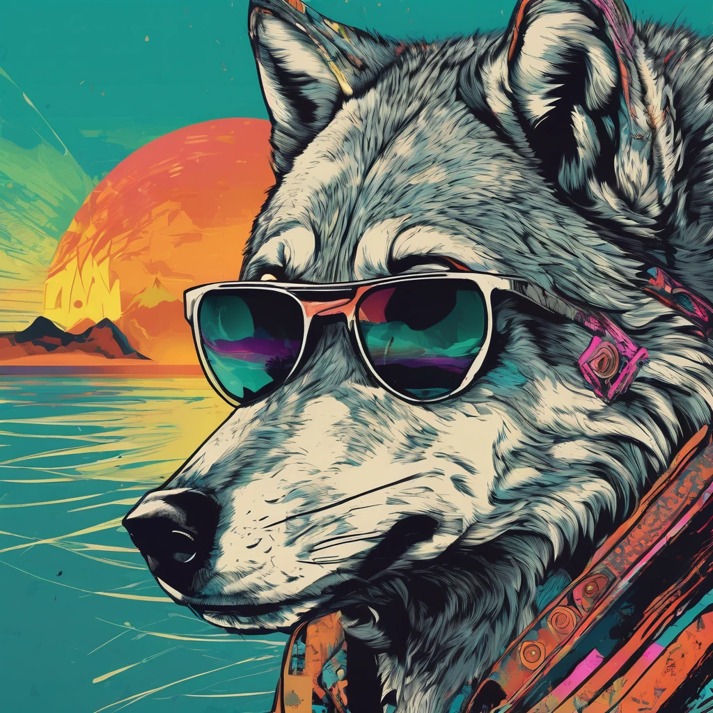 create an eye catching thumbnail using High-Energy Visuals: A close-up of a wolf with subwoofer speaker with sound waves radiating outwards. Use vibrant colors to convey the high-energy nature of the track. Incorporate the text "Desert Heat" in a bold, eye-catching font. (1 wolf dog making music (anthropomorphic turtle))wearing a choker,with tattoos, sunglasses, Black leather jacket,Psychedelic punk artist, (((full bodyesbian))), concept-art,Vivid colors, rim-light, Extremely detailed Cg Unity 8K wallpaper, trending on artstationh, Yayoi Kusama's pop art style, iintricate, High detail