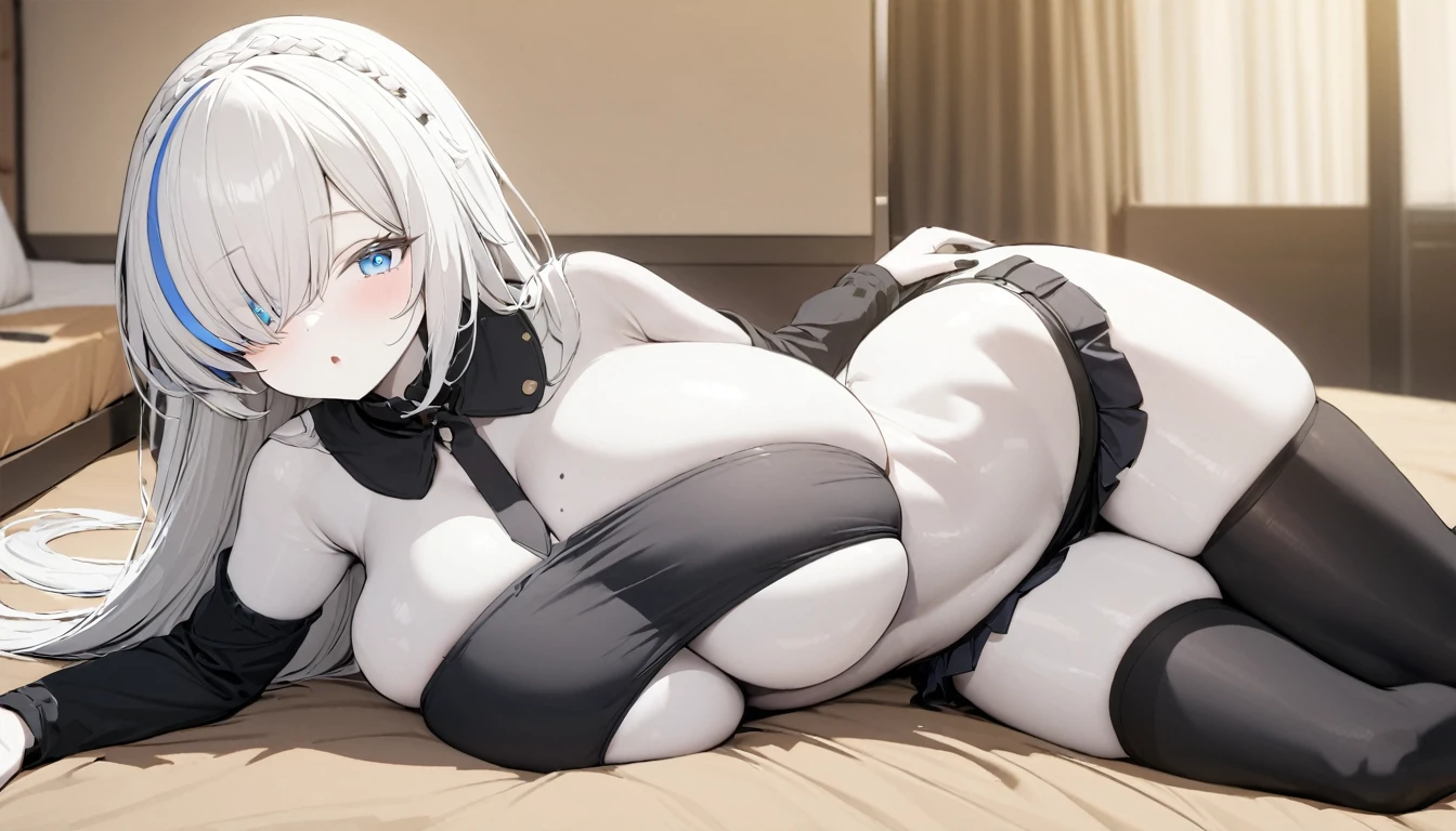 masterpiece, high quality, high detail, 4k, rtx, high resolution,1girl, blue_streaked_hair,hair_over_one_eye, blue_eyes,very long hair,braid,white hair_ornament,white skin,black nail_polish, solo,long sleeves,((black strapless bandeau tubetop:1.3)),(closed shoulders, covered shoulders, clothed shoulders:1.3),microskirt,thighhighs,thighs,: o,cute face,(pov:1.2),(facing viewer:1.2),(Well-shaped and firm huge breasts, developed huge breasts:1.3),(bursting breasts:1.2),(underboob:1.2),mole on breast, shortstack,(on side,lying,arm support, yokozuwari:1.2),hotel,room